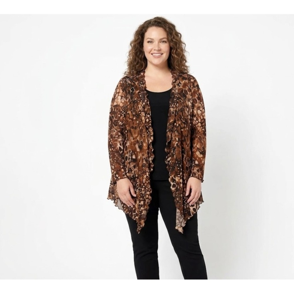 Chico's Brown Black Open Front Draped Lettuce Hem Stretch‎ Cardigan XL/3 Preppy